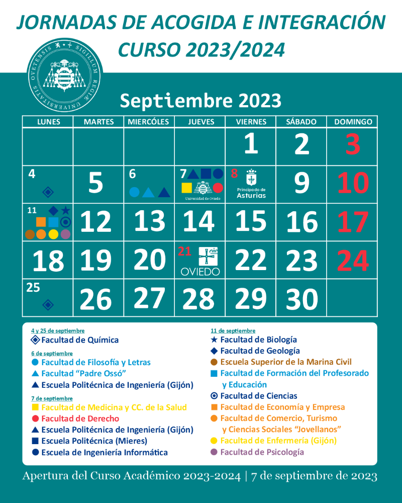 Calendario Jornadas de Acogida de la Universidad de Oviedo 2023